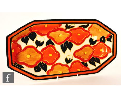 Clarice Cliff - Orange Chintz - A shape 334 sandwich tray circa 1932, hand painted with stylised flowers and foliage with ora