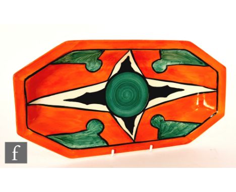 Clarice Cliff - Keyhole - A shape 334 sandwich tray circa 1929, radially hand painted with an abstract panel design with gree