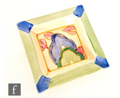 Clarice Cliff - Blue Chintz - A shape 502 square section ash tray circa 1932, hand painted with stylised flowers and foliage 
