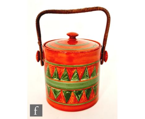 Clarice Cliff - Original Bizarre - An early Hereford shape biscuit barrel circa 1927, hand painted with two bands of rust red