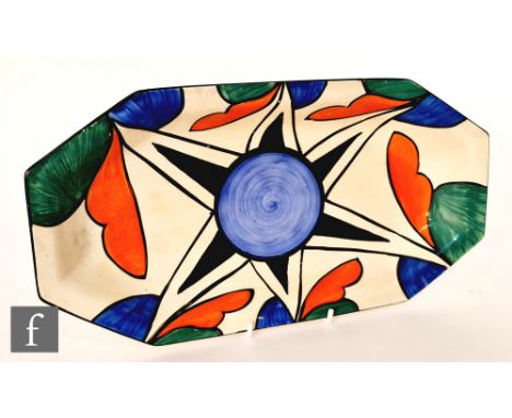 Clarice Cliff - Double V - A shape 334 sandwich tray circa 1929, radially hand painted with double V and stylised leaf motifs