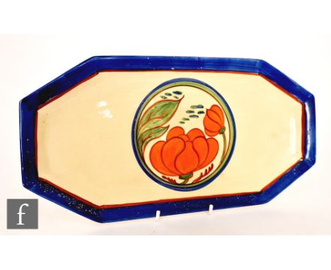 Clarice Cliff - Orange Lily - A shape 334 sandwich tray circa 1929, hand painted with a central roundel with a flower and fol