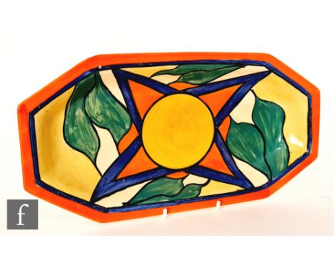 Clarice Cliff - Double V - A shape 334 sandwich tray circa 1930, radially hand painted with triangles and stylised leaf forms