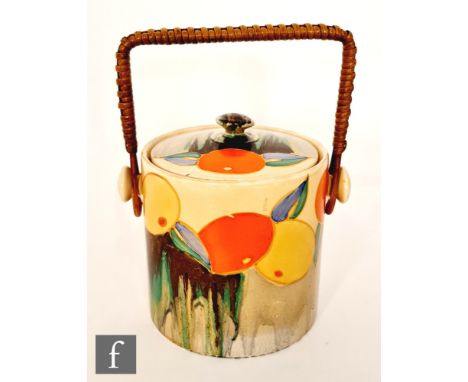 Clarice Cliff - Delecia Citrus - A Hereford shape biscuit barrel circa 1932, hand painted with stylised fruit and foliage ove