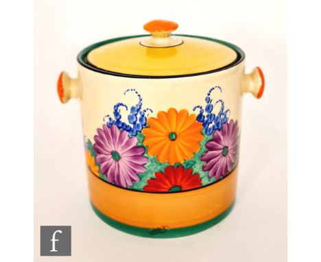 Clarice Cliff - Gay Day - A Hereford shape biscuit barrel circa 1931, hand painted with a band of stylised flowers and foliag