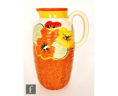 Clarice Cliff - Nasturtium - A Greek shape jug circa 1933, hand painted with a band of stylised flowers and foliage above a s