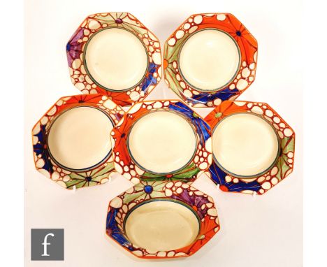 Clarice Cliff - Broth - A set of six octagonal fruit bowls circa 1929, hand painted with a band of stylised sunbursts and cir