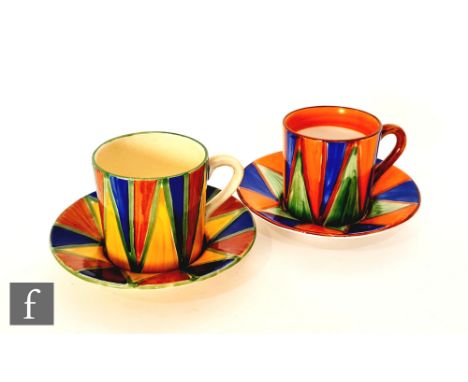 Clarice Cliff - Original Bizarre - An early Tankard shape coffee can and saucer circa 1928, hand painted with repeat triangle