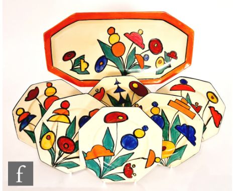 Clarice Cliff - Geometric Flowers - A complete sandwich set circa 1929, comprising a shape 334 sandwich tray and six octagona