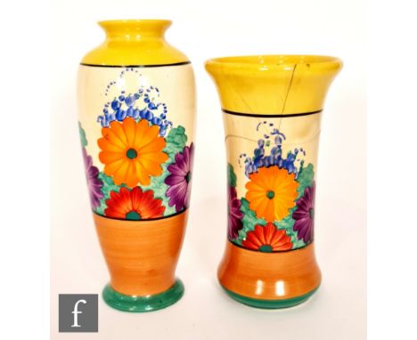 Clarice Cliff - Gay Day - A shape 186 bud vase circa 1931, hand painted with a band of stylised flowers and foliage between y