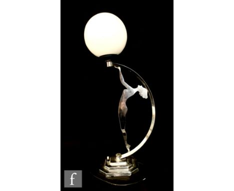 Unknown - A 1930s Art Deco table lamp, the curved frame with a silhouette of a lady holding off the shade fitting, with a whi