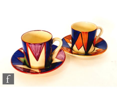 Clarice Cliff - Original Bizarre - An early Tankard shape coffee can and saucer circa 1928, radially hand painted to the sauc