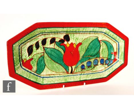 Clarice Cliff - Red Tulip - Cafe Au Lait - A shape 334 sandwich tray circa 1930, hand painted with a stylised flower and foli