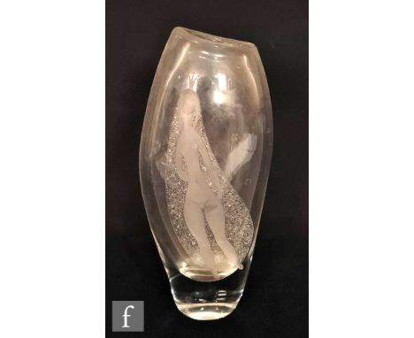 Vicke Lindstrand - Kosta - A post war glass vase of compressed sleeve form, engraved with a female nude wearing a crown and v