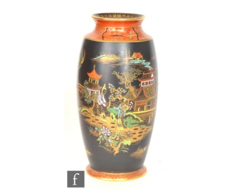 Carlton Ware - A 1930s Mikado pattern rolling pin vase decorated with a gilt and enamel Chinoiserie landscape against a black