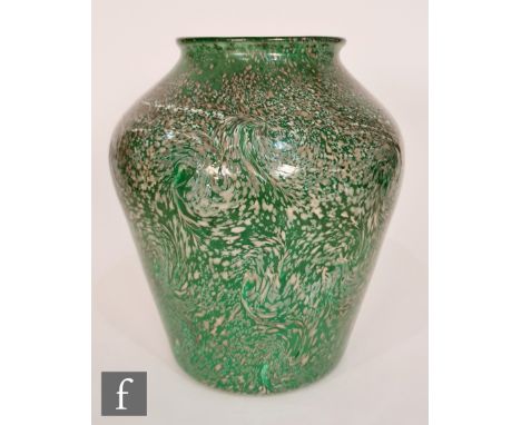 Monart - A 1930s glass vase of shouldered ovoid form, shape EA, decorated with grey enamel paisley swirls over a mottled cela