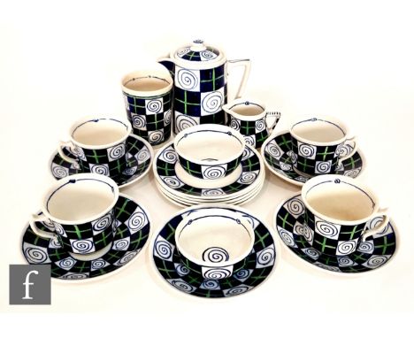 Alice Gostick - Castle Peasant Pottery - A hand painted tea set circa 1918, comprising tea pot, four tea cups, five saucers, 