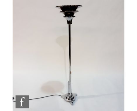 Unknown - A 1930s chrome standard lamp, triform stepped base rising to slender column and stepped circular inverted shade, he