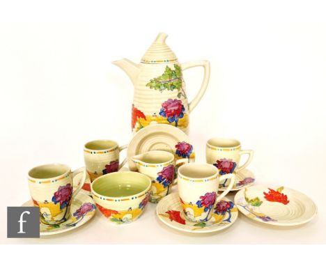 Clarice Cliff - Avon - A Lynton shape part coffee service circa 1936, comprising coffee pot, cream, sugar and four cans and s