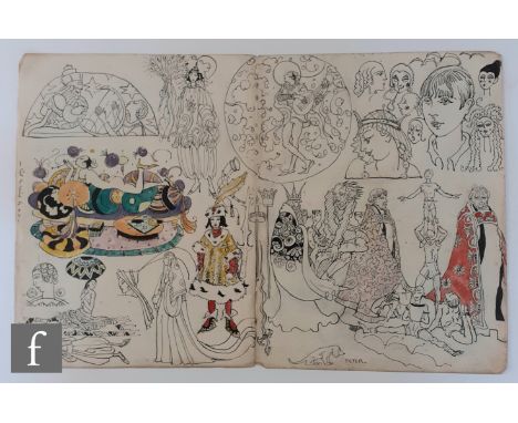 Albert Wainwright ( 1898-1943) - A double page from a sketch book decorated with pen and ink studies of characters in costume