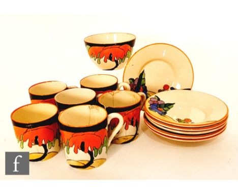 Clarice Cliff - Woodland - A part Tankard coffee set comprising six cans, six saucers and a sugar bowl, all transfer printed 