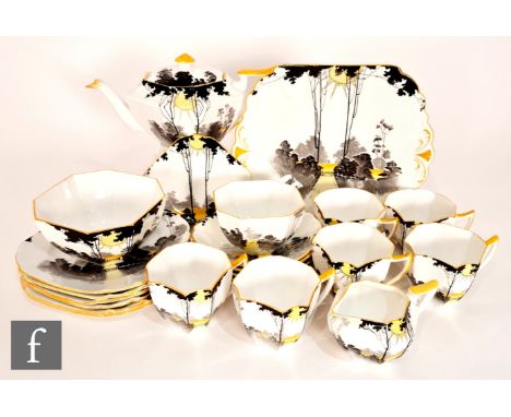 Shelley - A 1930s Art Deco Queen Anne shape Sunrise and Tall Trees pattern tea set comprising tea pot, six cups, saucers and 