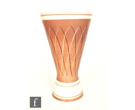 Poole Pottery - A shape 714 Freeform vase of flared waisted form decorated in the PRB pattern, printed Hand Made Hand Painted