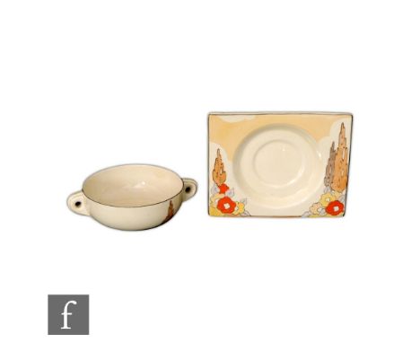 Clarice Cliff - Capri - A Biarritz soup bowl and plate circa 1933, hand painted with flowers and foliage to the border, Bizar