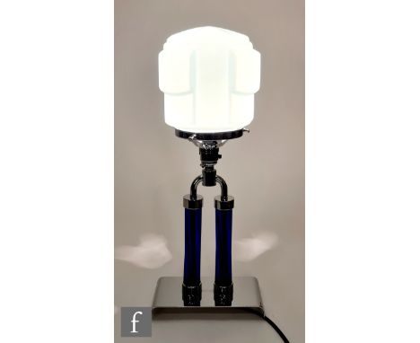 Unknown - An Art Deco chrome and glass table lamp, a geometric tinted blue opaque glass shade, mounted above double blue glas