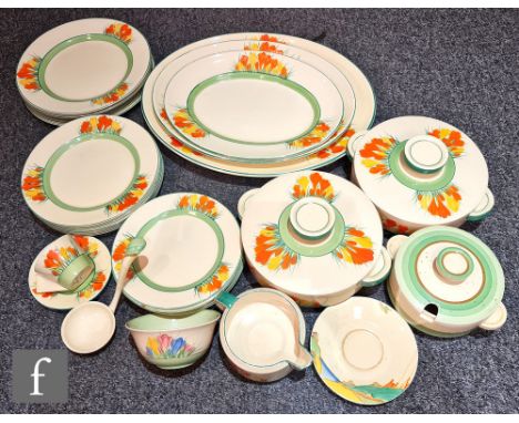 Clarice Cliff - Sungleam Crocus - A large part dinner service comprising graduated serving plates, dinner, desert and side pl