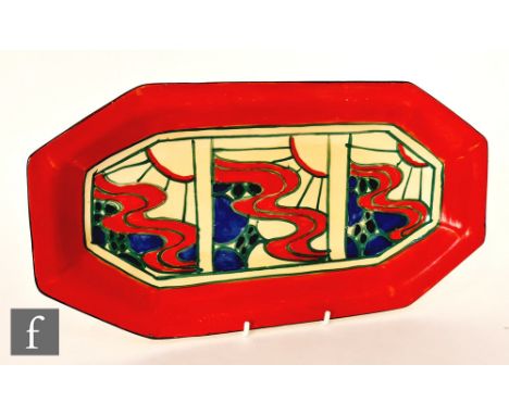 Clarice Cliff - Sunrise Red - A shape 334 sandwich tray circa 1930, hand painted with three panels of pebble, wave line and s