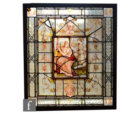 Unknown - A late Victorian stained and painted leaded glass window, with central reserve filled with a depiction of two class