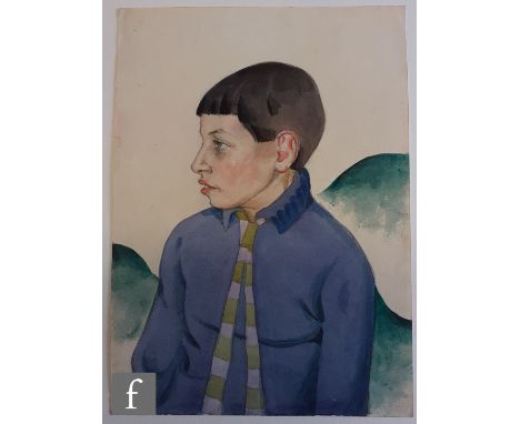 Albert Wainwright (1898-1943) - Portrait of Leonard Sumner as a boy wearing blue shirt and a striped tie, watercolour, unsign