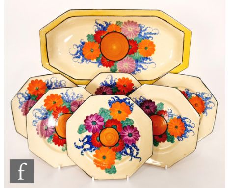 Clarice Cliff - Gay Day - A complete sandwich set comprising shape 334 sandwich tray and six octagonal side plates circa 1930