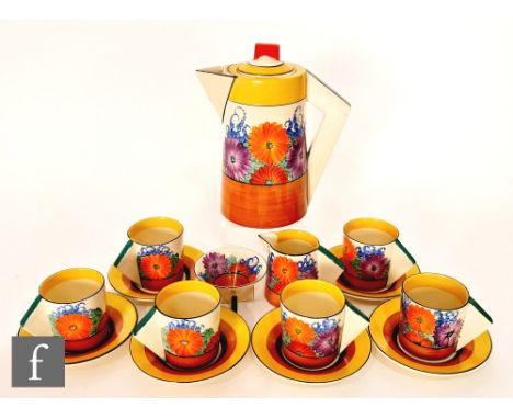 Clarice Cliff - Gay Day - A conical shape coffee service comprising coffee pot, cream, sugar, six coffee cans and saucers cir