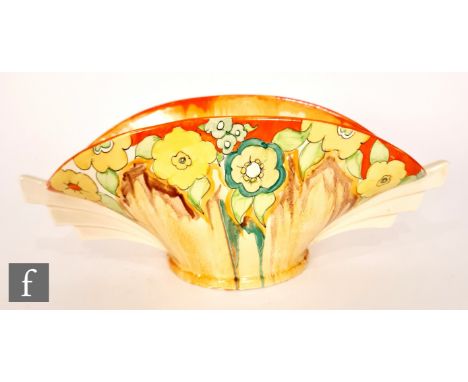Clarice Cliff - Jonquil - A shape 450 Daffodil bowl circa 1933, hand painted with flowers and foliage over a Delecia streaked