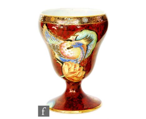 Carlton Ware - A 1930s Art Deco Crested Bird goblet shaped vase decorated with large coloured enamel birds against a marbled 