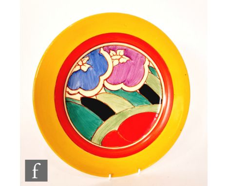 Clarice Cliff - Red Gardenia - A large circular plate circa 1930, hand painted with stylised flowers and foliage with yellow 
