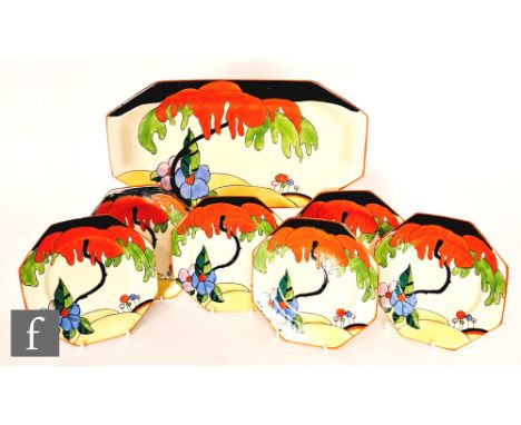 Clarice Cliff - Woodland - A complete sandwich set circa 1931, comprising a shape 334 sandwich tray and six octagonal side pl