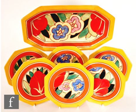 Clarice Cliff - Red Gardenia - A complete sandwich set circa 1931, comprising a shape 334 sandwich tray and six octagonal sid