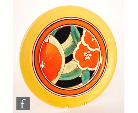 Clarice Cliff - Orange Gardenia - A large circular plate circa 1931, hand painted with stylised flowers and foliage with yell