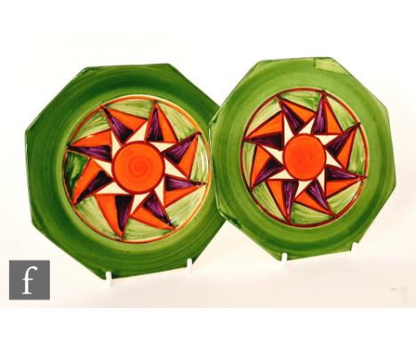 Clarice Cliff - Original Bizarre - A pair of octagonal side plates circa 1928, radially hand painted with a cartwheel design 