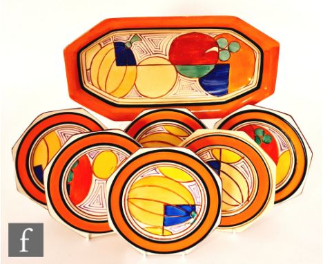 Clarice Cliff - Melon - A complete sandwich set circa 1930, comprising a shape 334 sandwich tray and six octagonal side plate