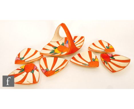 Clarice Cliff - Fruitburst - A shape 471 Bon Bon set comprising an arched handled carry tray and six triangular side dishes, 