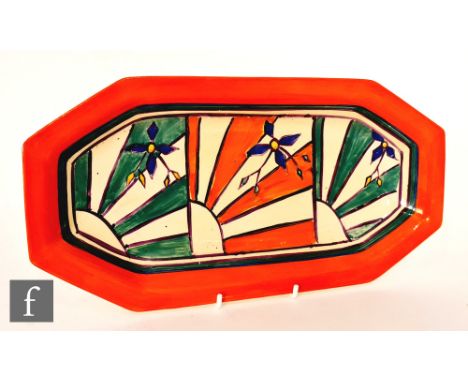 Clarice Cliff - Sunray Leaves - A shape 334 sandwich tray circa 1929, hand painted with three panels of stylised flowers and 