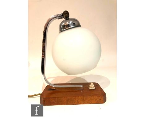 Unknown - A 1930s Art Deco table lamp, the wooden canted base with chromed arch stem and opaline glass shade, height 23cm. 