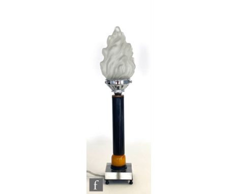 Unknown - A 1930s Art Deco table lamp with a square base and column beneath a frosted flame shade, height 40cm.
