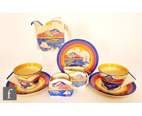 Clarice Cliff - Gibraltar - A Stamford shape early morning breakfast service circa 1933, comprising teapot, milk, sugar, two 