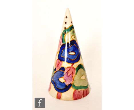 Clarice Cliff - Blue Chintz - A conical sugar sifter circa 1932, hand painted with stylised flowers and foliage, Bizarre mark