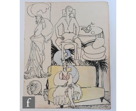 Albert Wainwright (1898-1943) - A pen and ink study of a fashionable young lady in flapper style dress sitting on a couch, pi